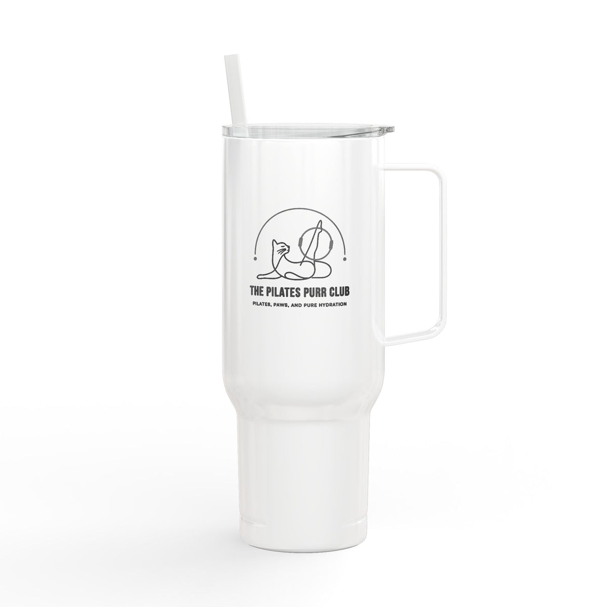 Pilates Purr Club Insulated Tumbler (Engraved) — Travel Mug with Lid & Straw, Durable Stainless Steel Drinkware